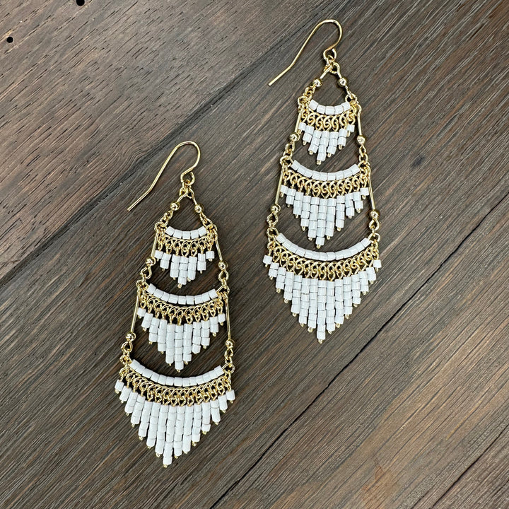 Tiny tube bead chandelier earrings - gold tone