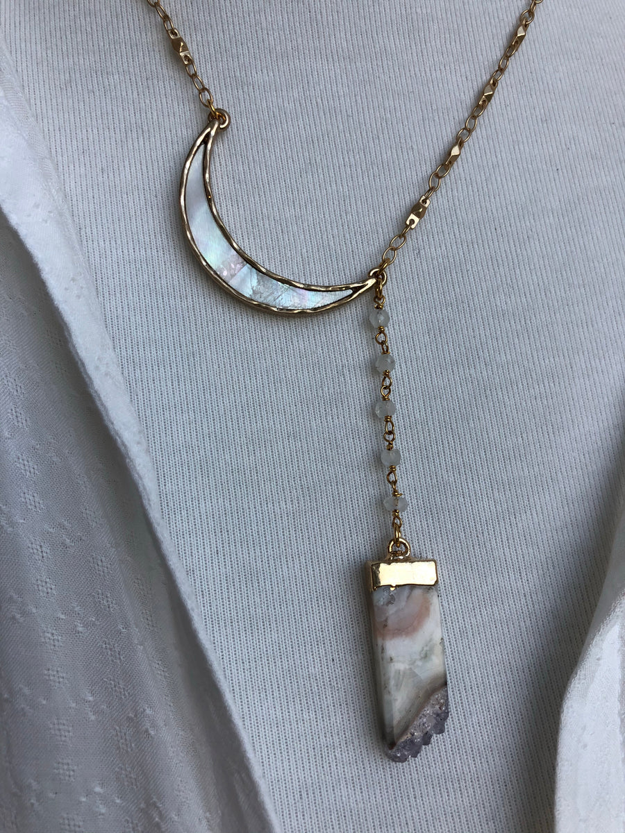 Reversible mother of pearl crescent moon and amethyst slice necklace - gold