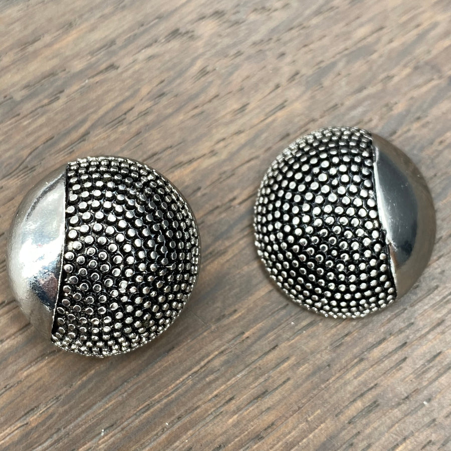 Beaded button earring - antique and shiny silver
