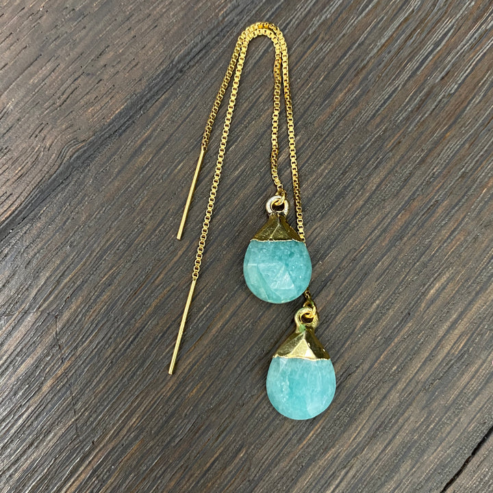 Gemstone drop thread earrings - gold