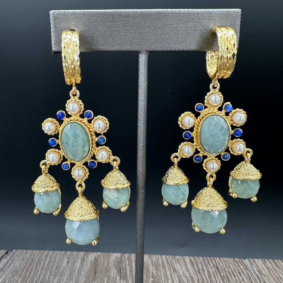 Faceted gemstone drop, textured statement earring - gold tone