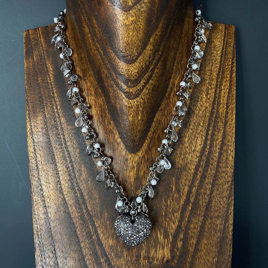 Reversible charm style pavé black puff heart necklace - gunmetal