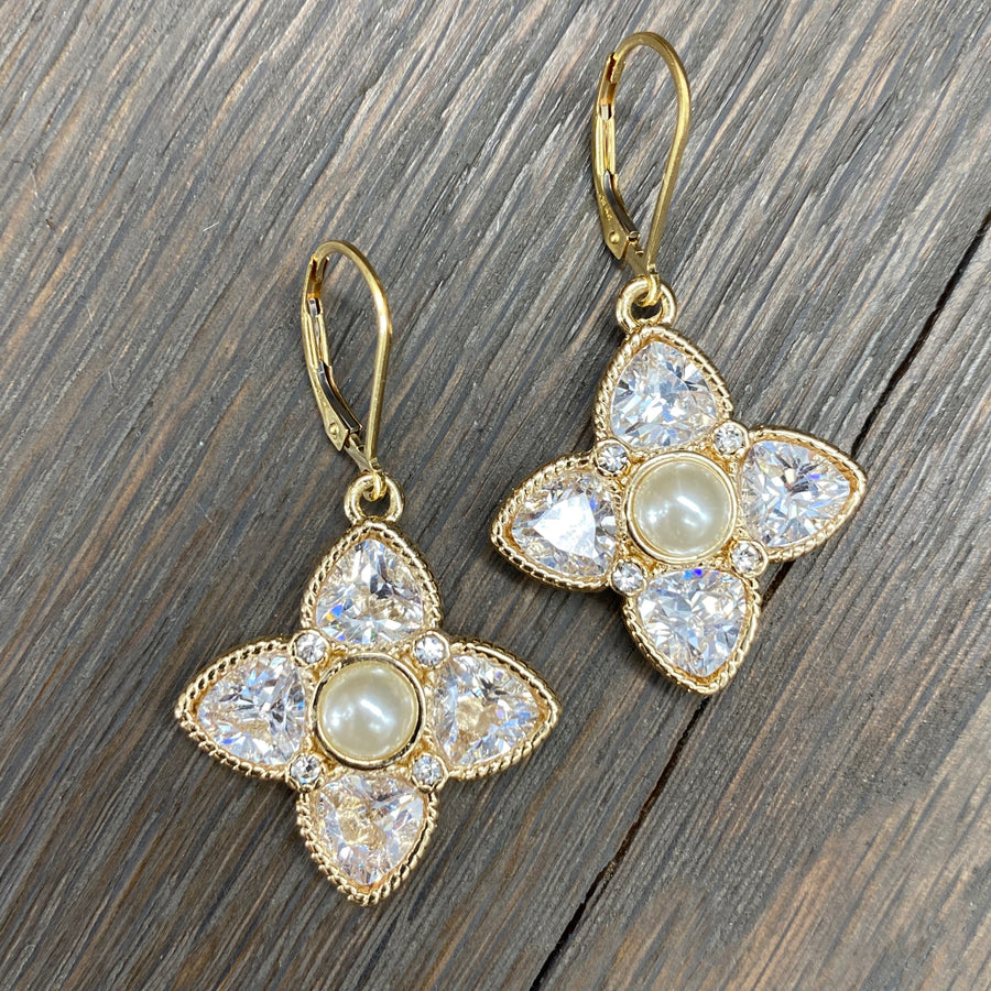 Faux pearl and cz flower earrings - gold
