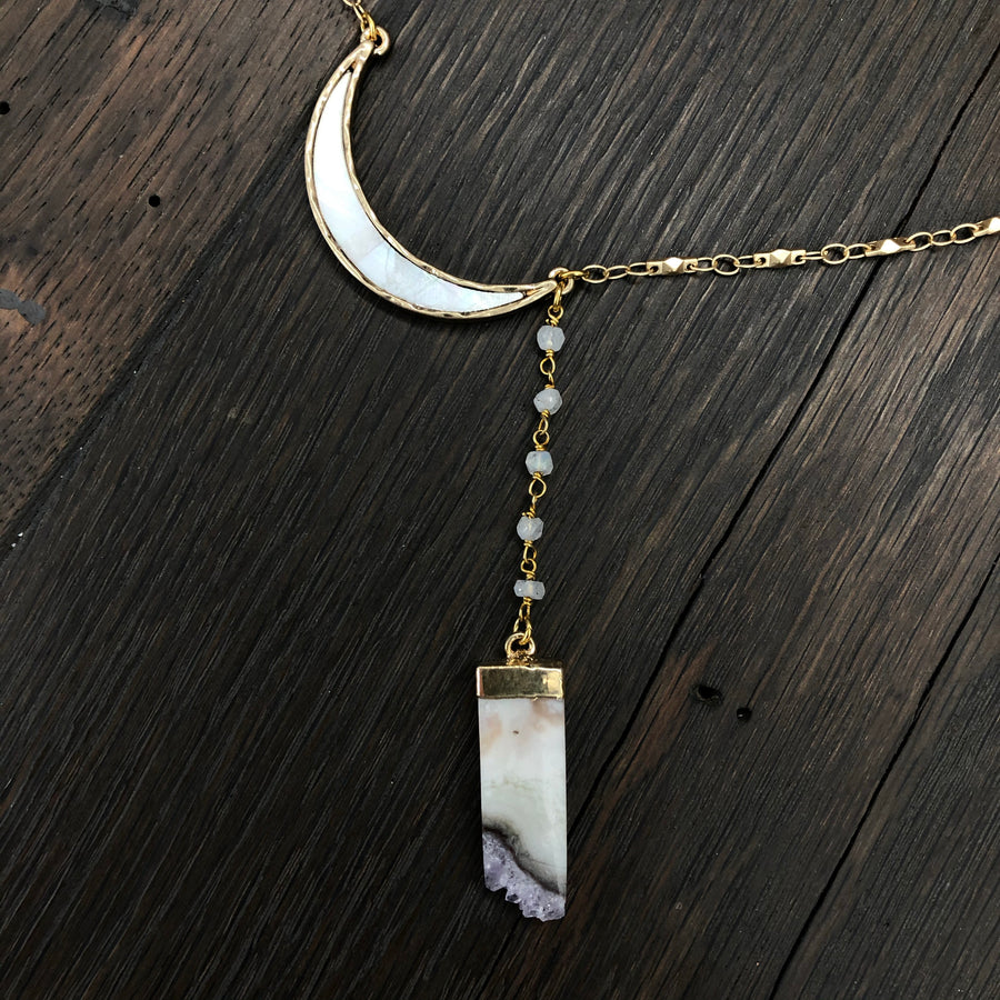 Reversible mother of pearl crescent moon and amethyst slice necklace - gold