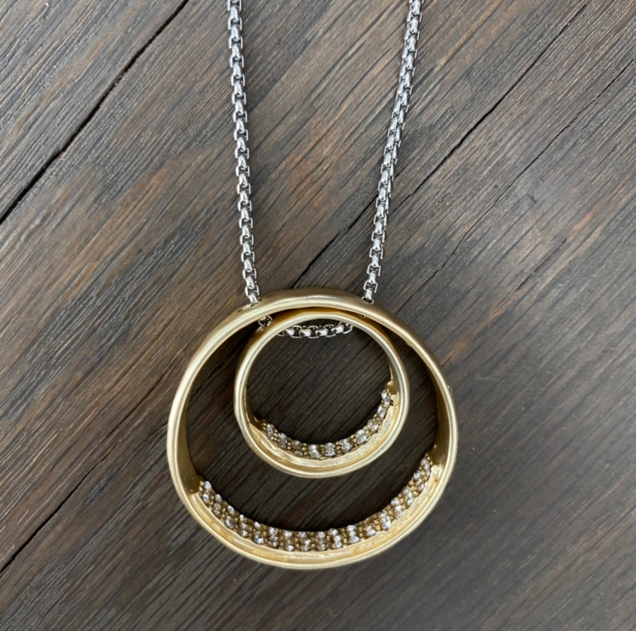 Double cz trimmed hoop necklace - mixed metal