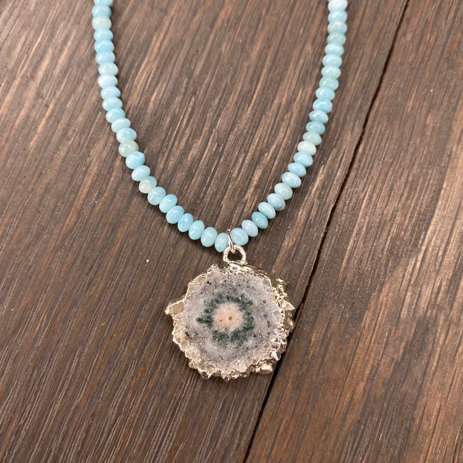 Larimar beaded necklace with amethyst/Jasper stalactite slice - silver