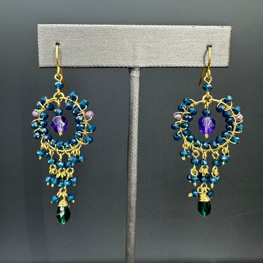 Beaded chandelier earrings - gold tone