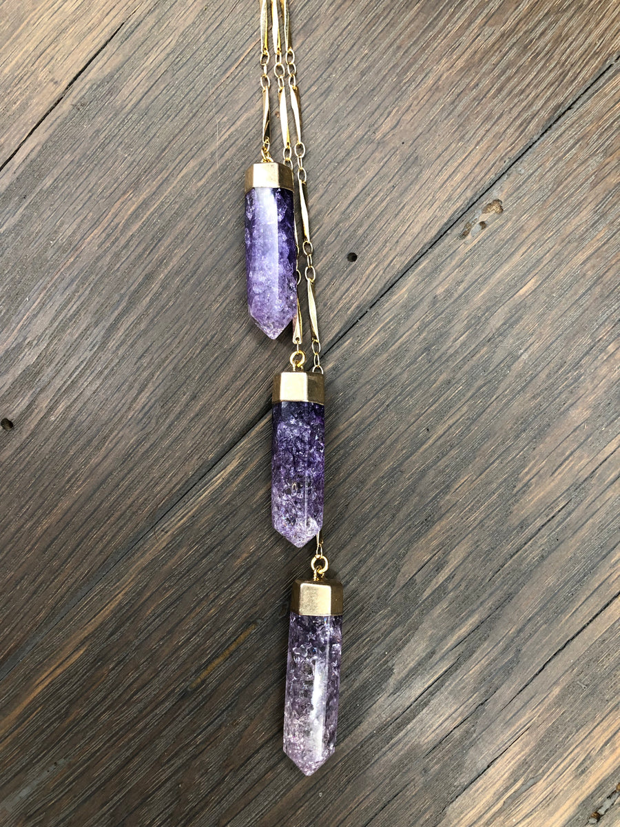 Amethyst crackle quartz “Waterfall” lariat necklace - gold
