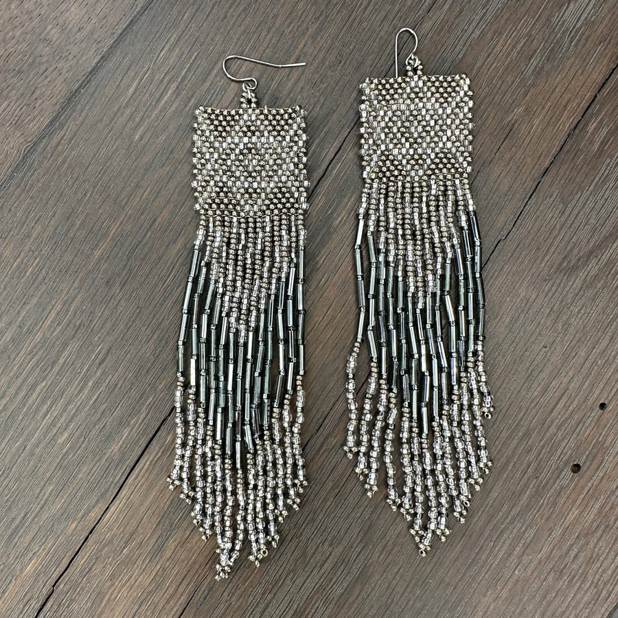 Seed bead extra long fringe earrings
