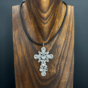 Rhinestone cross pendant on leather cord - silver, gold