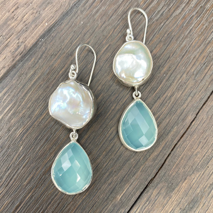 Large freshwater pearl with sea foam chalcedony earring - sterling silver