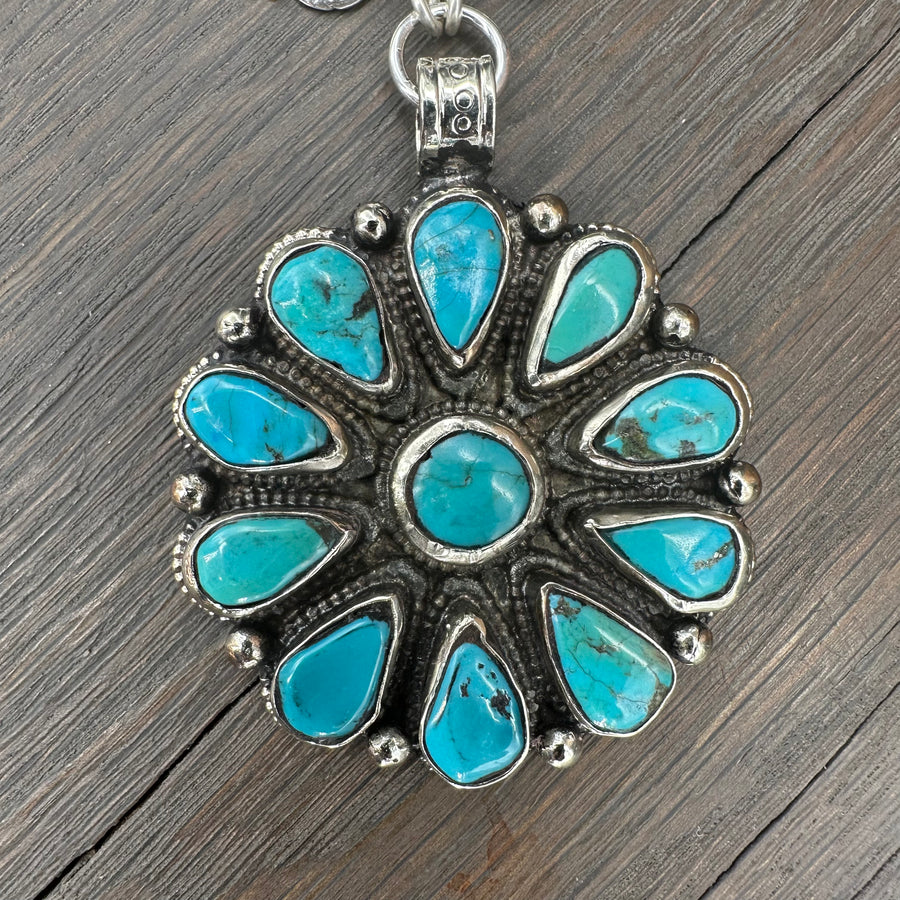 Large ten stone turquoise beaded, stamped necklace - silver tone