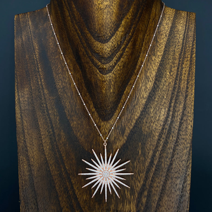 Rainbow moonstone, bezel cz and pavé cz sunburst necklace