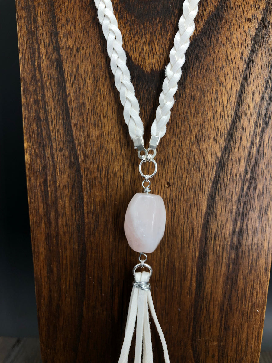 White leather with rose quartz accent necklace